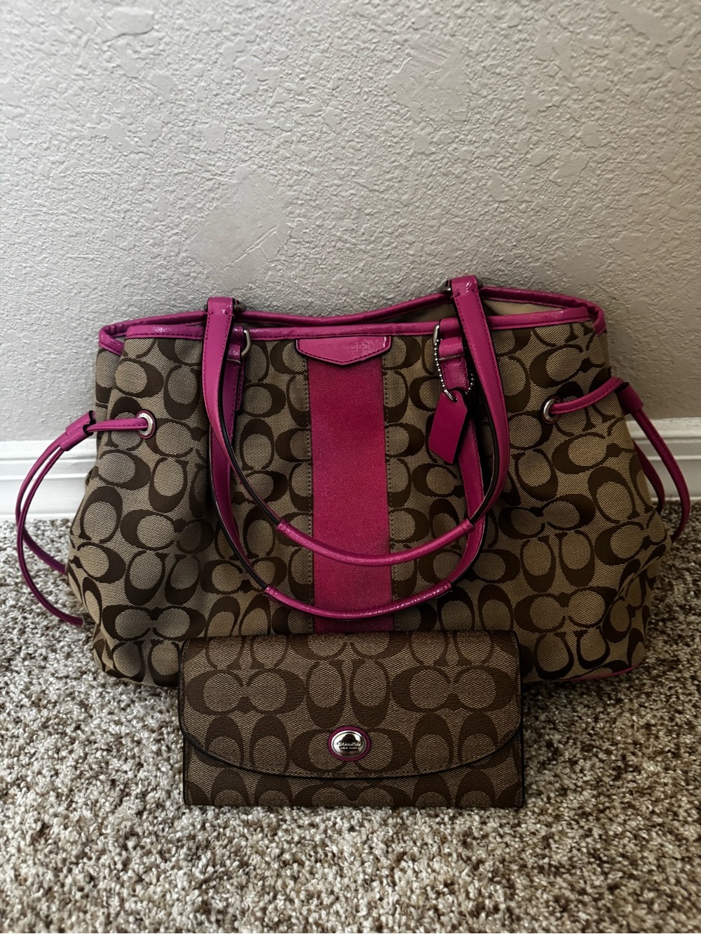 Coach Brown Signature Canvas Tote with Pink Trim and Wallet